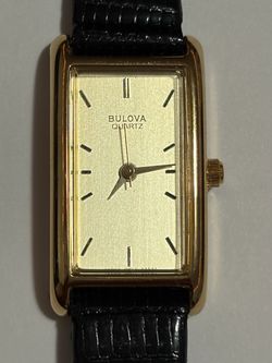 Vintage Bulova Slim Rectangular Tank Watch – Gold Tone & Black Lizard Leather