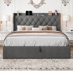 Full Lift Up Storage Bed Frame, Button Tufted Wingback Headboard with Outlets & Type A/C Ports