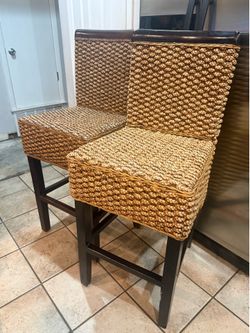 Pair of Fiber-Woven Bar Stools with Dark Wood Frame Used *As Is Wide Seat