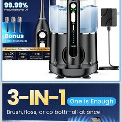 Electric Toothbrush with Water Flosser 3-in-1 Combo, Professional Sonic Toothbrush for Adults, 3 Brush Modes+5 Floss Speeds, Rechargable, 2.0 Flossing