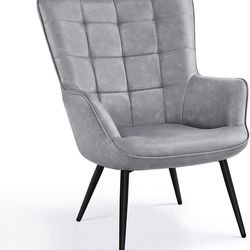 Living Room Chairs Faux Leather Accent Tufted Accent Chair Armchair for Kitchen Leisure Bedroom and Reataurant, Gray