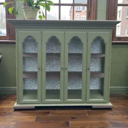 Hutch/Cabinet/Bookcase Custom Painted In Khaki Green With Decoupage Behind With Stained Wood Top.