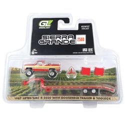 Greenlight 1:64 1987 GMC Sierra & Gooseneck Trailer Red/Gold 1/64 Dealer Exclusive