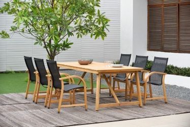 BRAND NEW Rectangular Outdoor Dining Set – Reclaimed Teak Table + Black Sling Chairs with FSC Eucalyptus Legs | All-Weather | Delivery Available