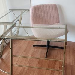 L-Shaped Glass Desk Gold Legs
