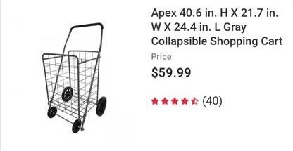 Collapsible metal shopping cart is black and manufactured by Apex. It has a wire mesh basket, a padded handle, and four wheels for mobility.