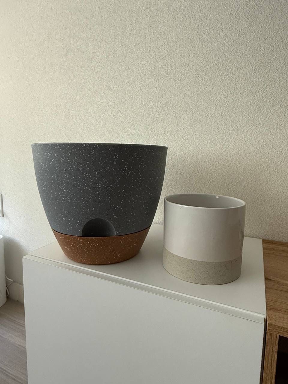 Grey Plastic and White Ceramic Flower Pots