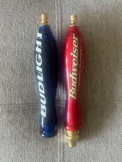Vintage Lot Of 2 Budweiser Bud Light Beer Tap Handles Blue / Red Man Cave