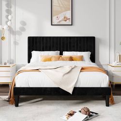 Full Size Velvet Upholstered Platform Bed Frame with Adjustable Vertical Channel