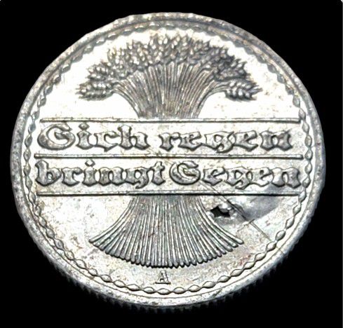 Antique 1920 A Germany Weimar 50 Pfennig Coin