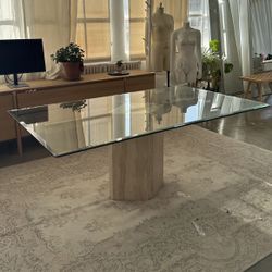 Italian Single Travertine Pedestal Glass Top Dining Conference Table