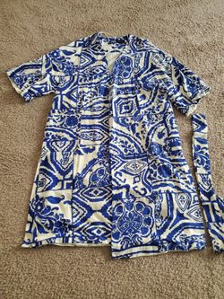 Zara blue and white printed long kimono/duster with a matching belt,  size M- L, made in Morocco.  $35