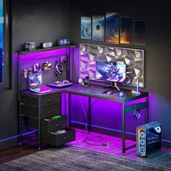 43 inch L Shaped Desk with 4 Storage Drawers, Reversible L Shaped Gaming Desk with Power Outlets & LED Lights, Computer Desk with Movable CPU Stand & 