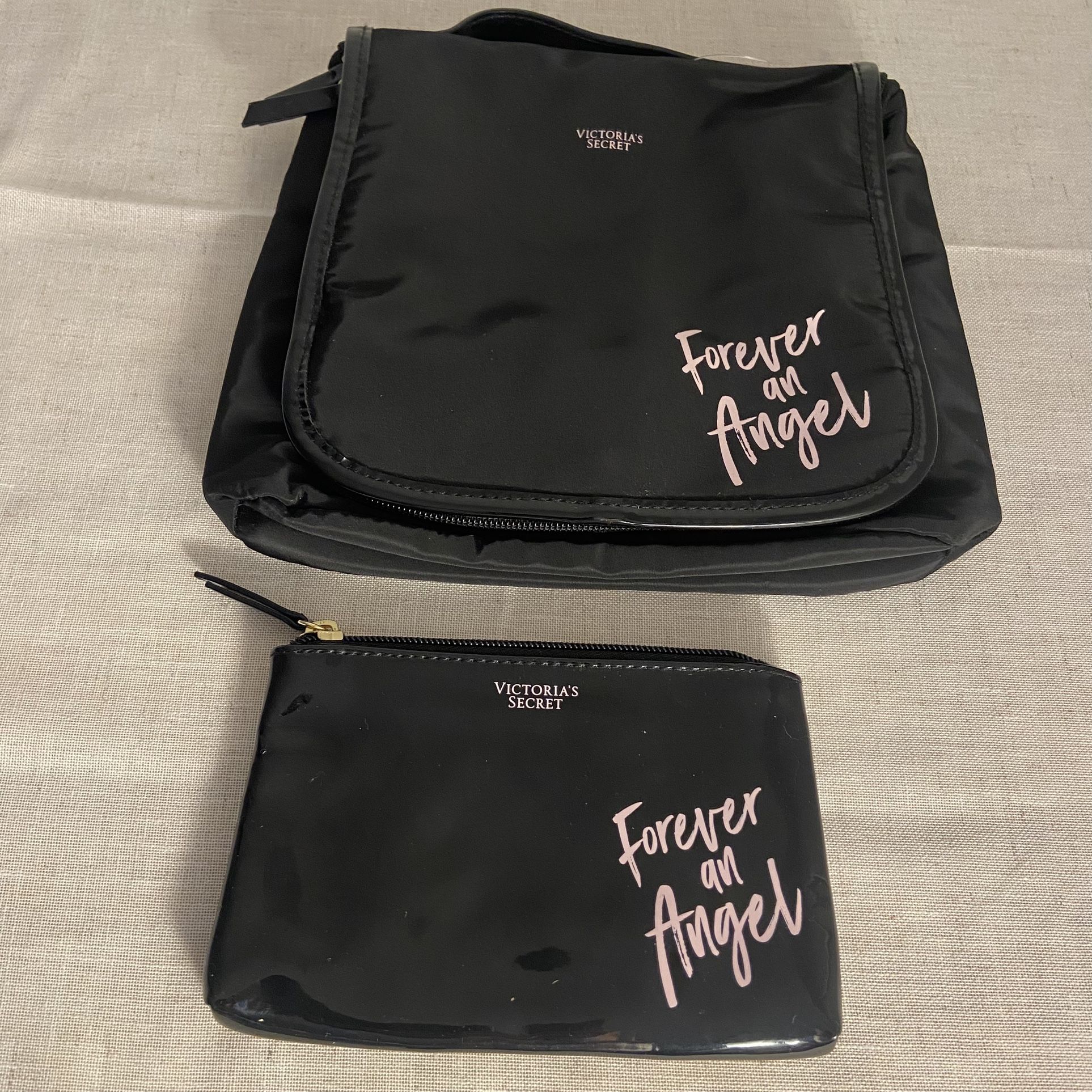 Victoria's Secret Travel Bag SET Small Zip Pouch Black pink Forever an Angel