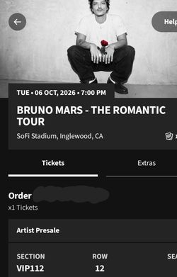 Bruno Mars Concert Sofi 10/6/26 VIP112