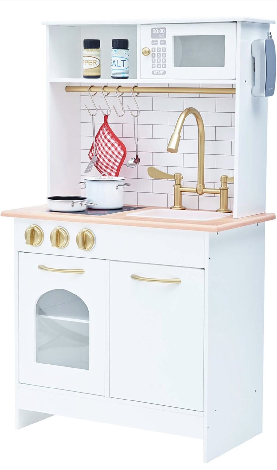 Teamson Kids Little Chef Boston Compact Farmhouse Interactive Wooden Play Kitchen with Sink, Oven, Microwave and Storage Space for Easy Clean Up, Whit
