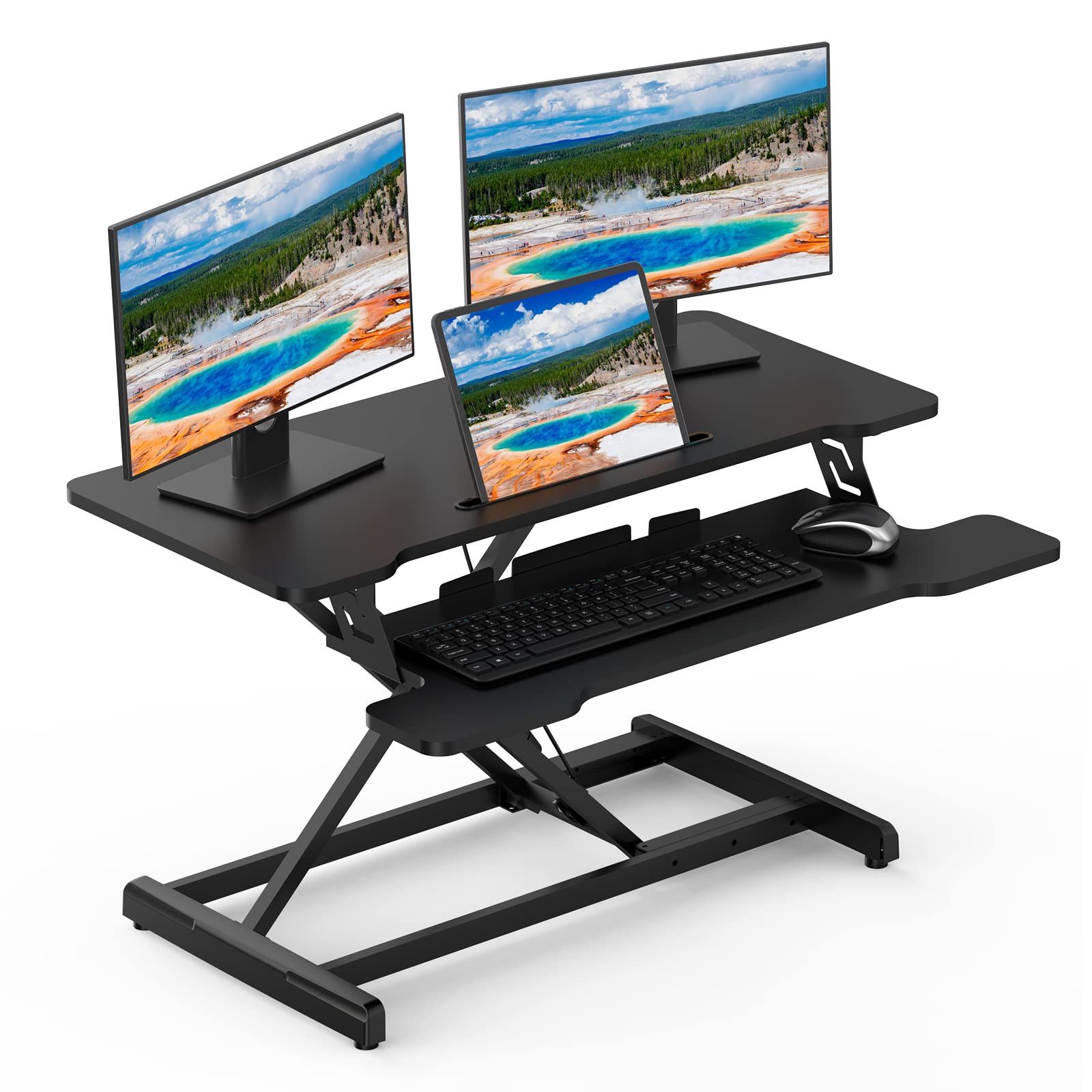 Standing Desk Converter - 35''Wide Stand Up Desk Converter For Dual Monitor & Laptop W/Keyboard Tray,Sit To Stand Ergonomic Height Adjustable Riser Co
