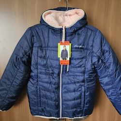 Eddie Bauer Deer Harbor Reversible Coat Jacket with Hood Navy Blue Pink Fluffy Girls M-10/12. New.