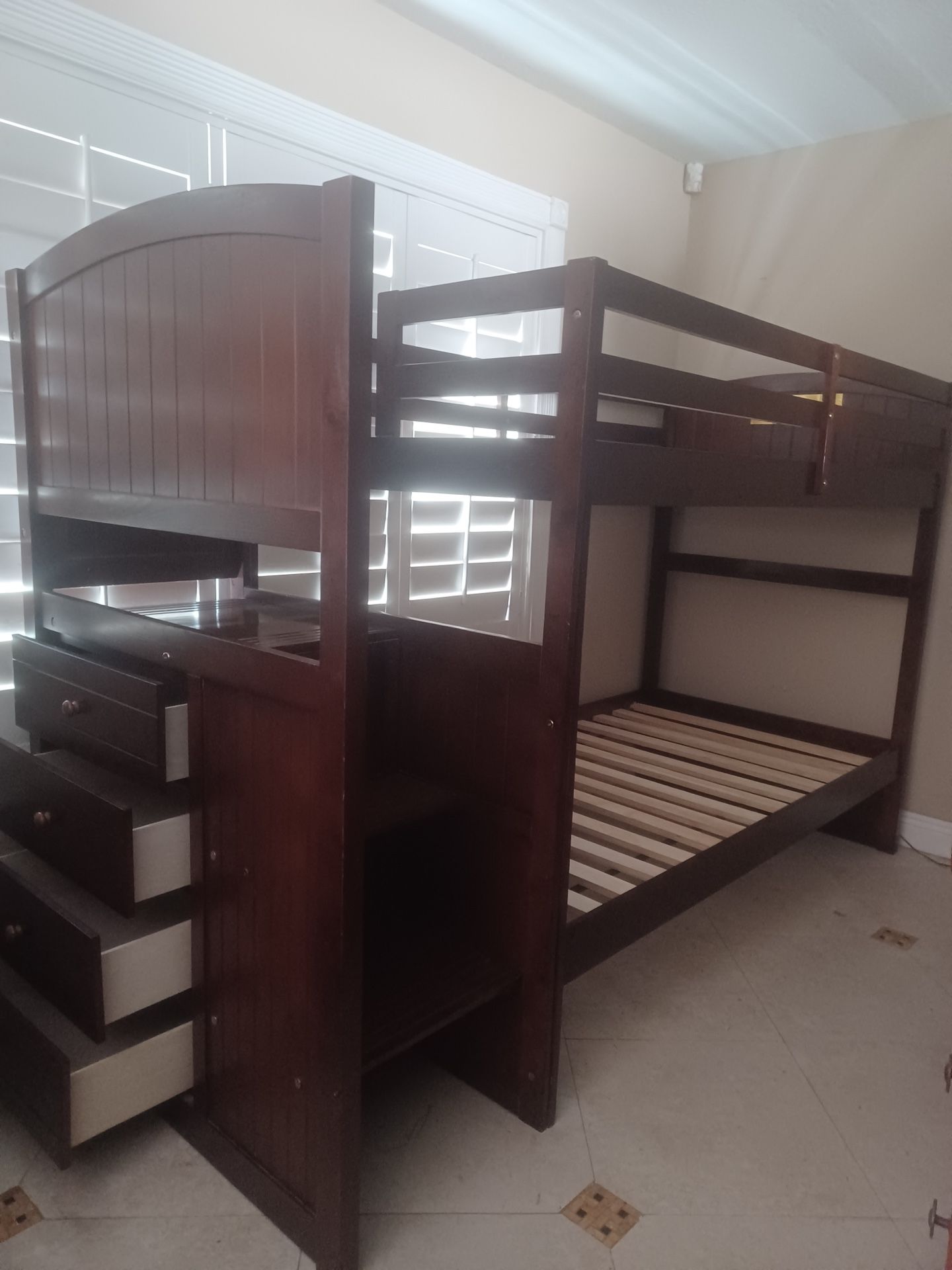 Solid Wood Twin Bunk Bed Frame Over Twin Bed w/ Side Storage Drawers