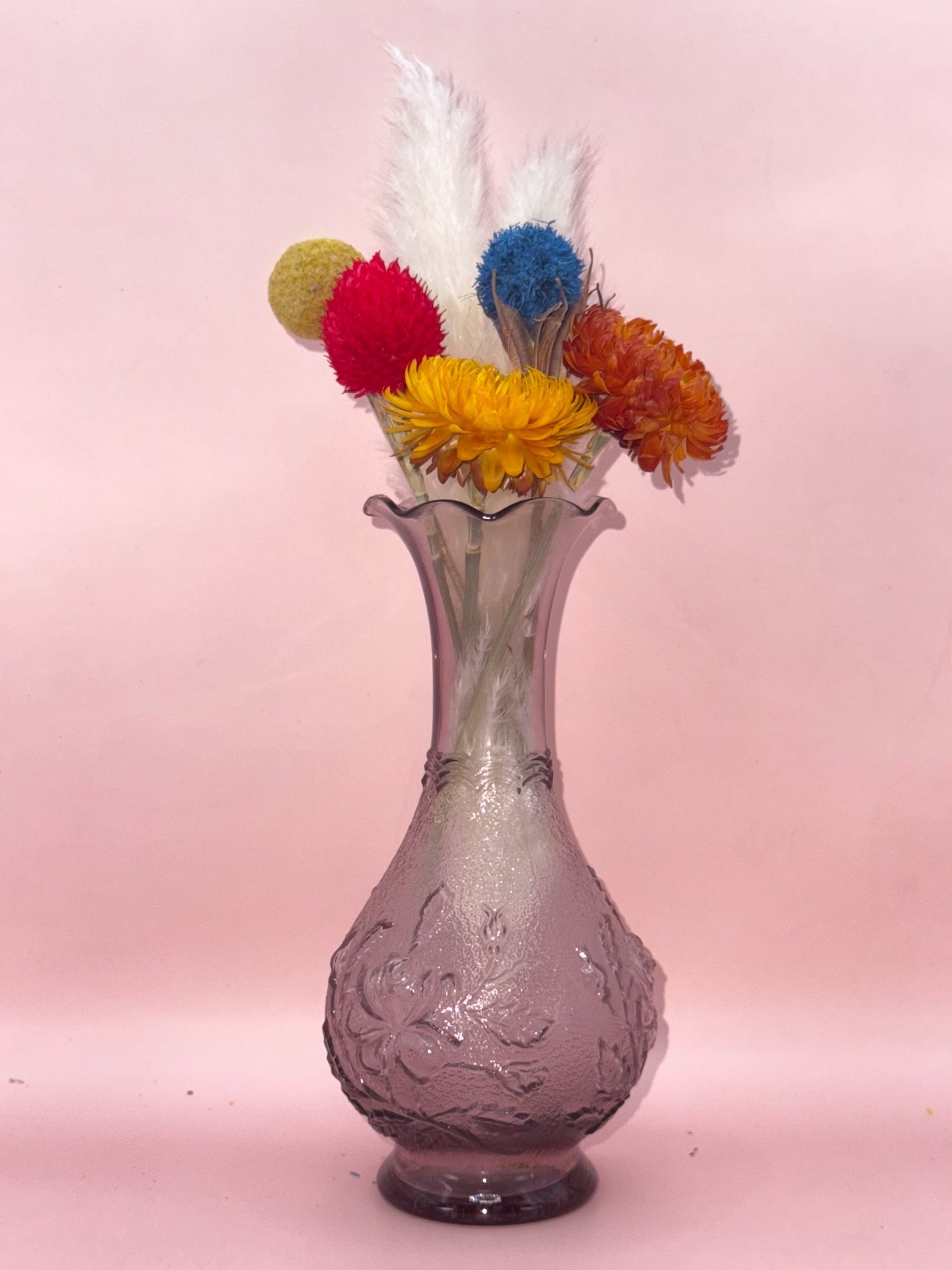 Vintage Lavender Bud Vase 6.25" tall, raised Floral Design