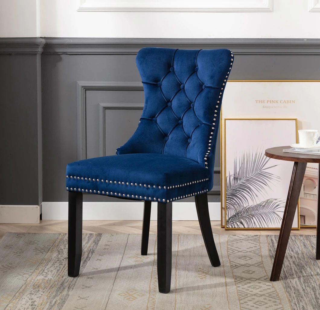 High Back Velvet Navy Blue Tufted Upholstered Dining Chairs, Solid