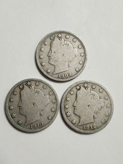 1909 , 1910 , 1912 Antique Nickel Five Cents Coins / V Nickels