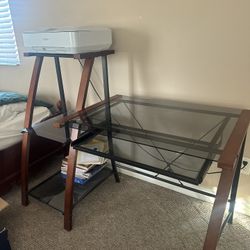MAKE OFFERS glass & wood desk with built in shelving