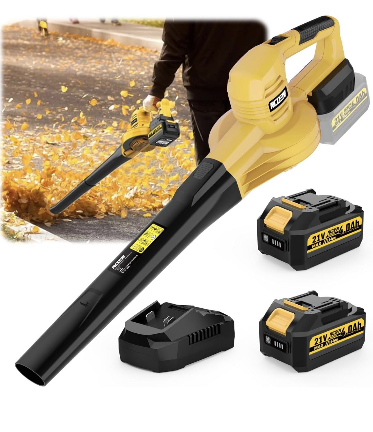 21V Cordless Leaf Blower with 8.0Ah Max Battery and Charger (2 x 4ah - Powerful