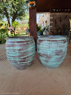 Large Rustic Rustic Green Clay Pots, Planters, Plants. Pottery, Talavera $100 cada una