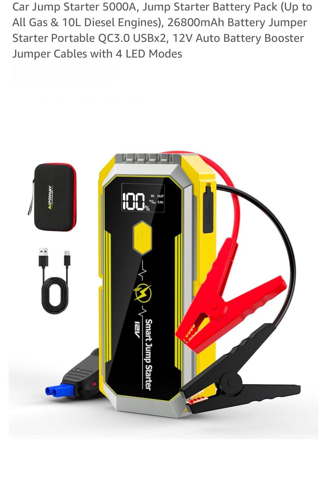 Jump Starter Battery Pack (Up to All Gas & 10L Diesel Engines), 26800mAh Battery Jumper Starter Portable QC3.0 USBx2, 12V Auto Battery Booster Jumper 