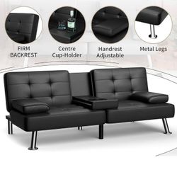 Modern Black Couch,Stylish Faux Leather Futon Sofa Bed for Living Room, Sofa BedD-30