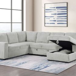 Large Corduroy Sectional Light Gray (Storage, Pull Out Bed)
