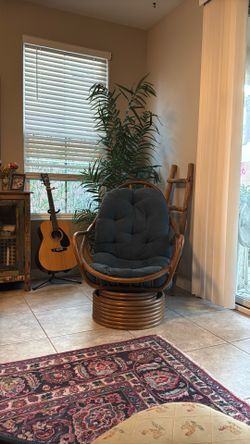 Vintage bamboo egg chair with blue cushion