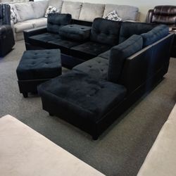 New Nine Heights Black Velvet Sectional With Storage Ottoman And Free Delivery