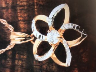 14k two-tone gold plumeria pendant with clear cz