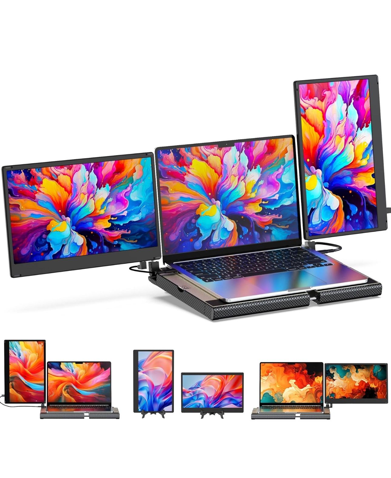 Laptop Screen Extender 14'' Triple Portable Monitor-360° Rotation F3 Laptop Monitor Extender Vertical with Stand,IPS FHD 1080P Workstation for Windows
