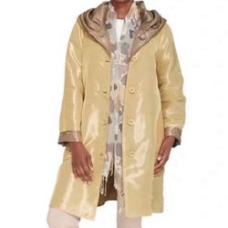 UbU Reversible Pleated Hood Button Front Raincoat Jacket Sand/Silver