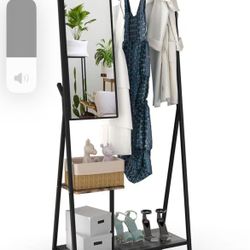 Entryway Coat Rack with Mirror and Shoe Storage Multifunctional Hall Tree with Hooks and Aluminum Frame Modern Coat Rack for Living Room Bedroom (Blac