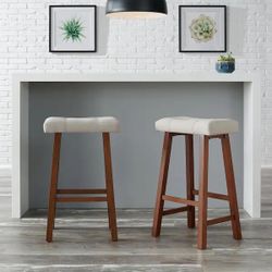 Backless Saddle Seat Fabric Upholstered Bar Stool in Riverbed Beige (Set of 2