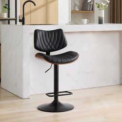 Walnut Bentwood Bar Stools Mid Century Modern Adjustable Counter Height Black Leather Upholstered 360°Swivel Bar Chairs for Kitchen Island/Dining Room