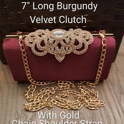 Brand New (No Tags) 7" Long Burgundy Velvet Clutch With Gold Chain Strap