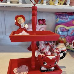 Valentines Day Small Red Heart Wood Tier Tray Decor display shabby chic coquette