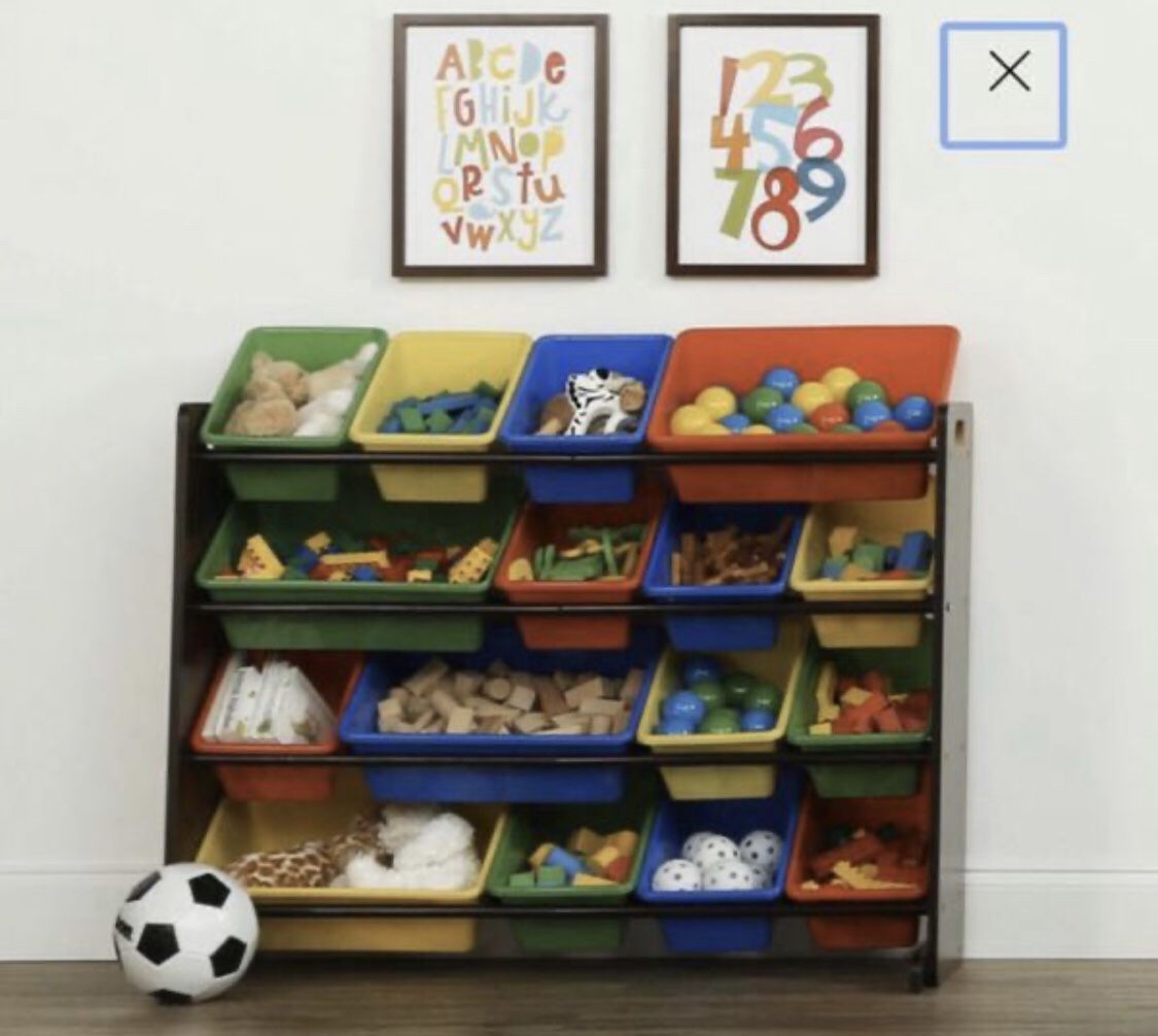 Dark Walnut Kids Toy Storage Organizer w/ 16 Plastic Bins