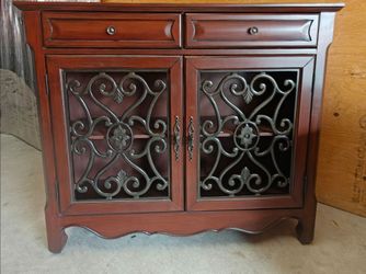 Ornate Wood & Iron Accent Cabinet - Dark Cherry Finish