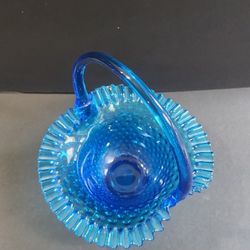 VINTAGE FENTON Cobalt BLUE glass Basket Ribbed Body Ruffled Trim Trinket Dish