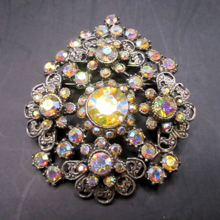 Vintage Aurora Borealis Rhinestone Brooch Pin Fashion Jewelry