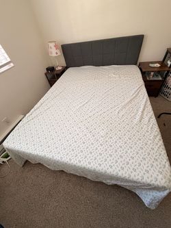 Queen size bed with headboard Wooden Bed frame with mattress with side table