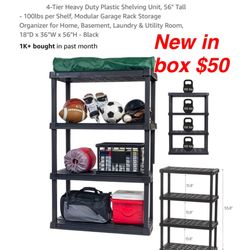 New in box 4-Tier Heavy Duty Plastic Shelving Unit, 56" Tall - 100lbs per Shelf, Modular Garage Rack Storage Organizer for Home, Basement, Laundry & U