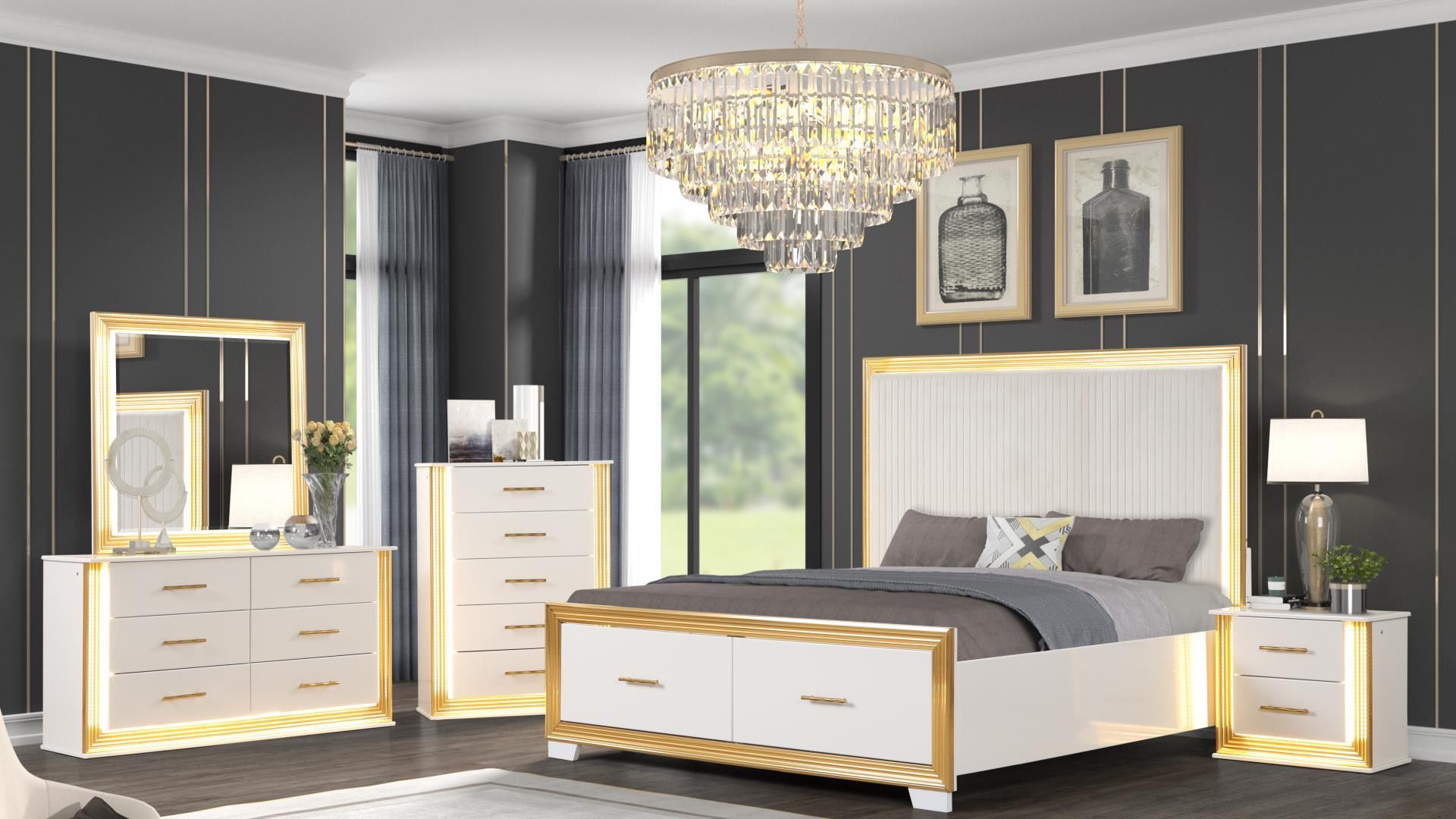Elegant Bedroom Furniture In White And Gold With LED Lights And Storage Drawers Dresser Mirror Nighstand 