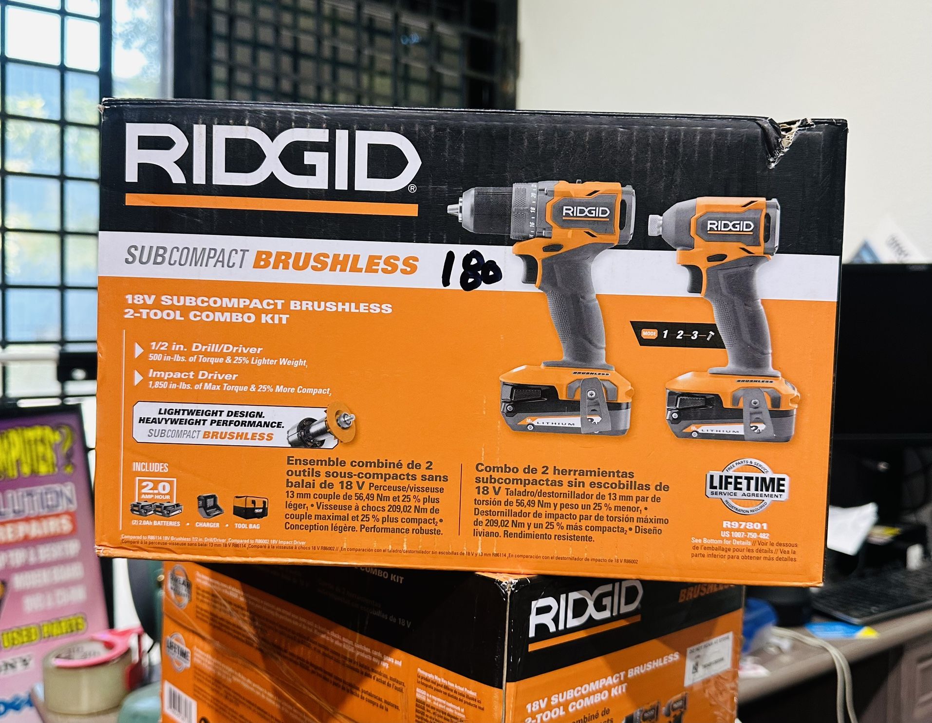 RIDGID 18V SubCompact Brushless 2-Tool Combo Kit with Drill/Driver, Impact Driver, (2) 2.0 Ah Batteries, Charger, and Tool Bag